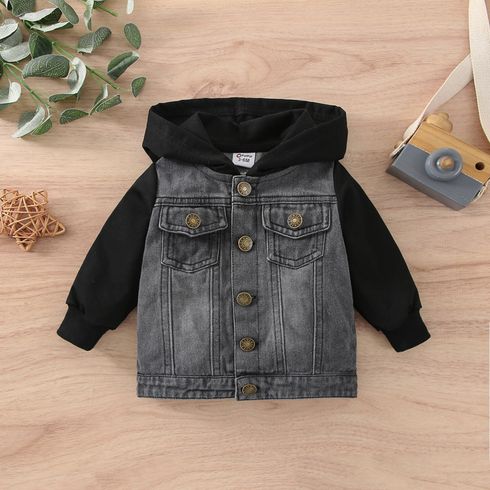 Baby Boy Button Design Denim Splicing Hooded Long-sleeve Jacket