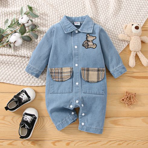 Baby Boy Plaid Bear Embroidered Button Front Long-sleeve Denim Jumpsuit