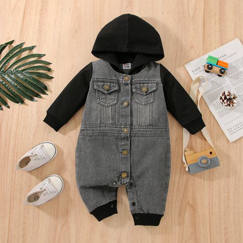 Baby Boy Denim Spliced Hooded Long-sleeve Button Front Jumpsuit