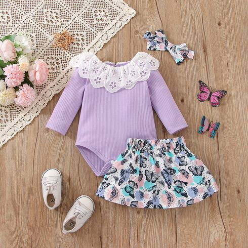 3pcs Baby Girl Ruffle Collar Long-sleeve Rib Knit Romper and Allover Butterfly Print Skirt with Headband Set