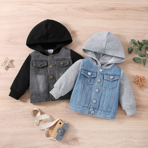 Baby Boy Button Design Denim Splicing Hooded Long-sleeve Jacket