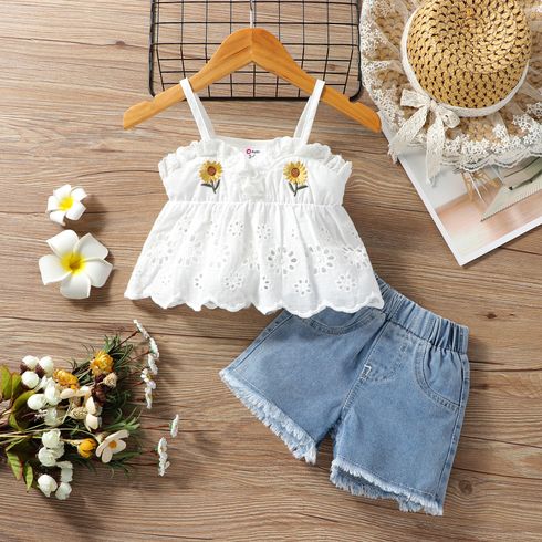 2pcs Baby Girl 100% Cotton Sunflower Embroidered Schiffy Cami Top and Raw Hem Denim Shorts Set
