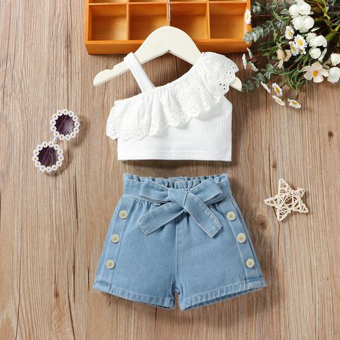 2pcs Baby Girl 95% Cotton Schiffy One-Shoulder Cami Top and Belted Denim Shorts Set 