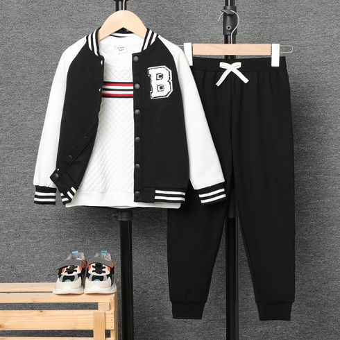 Kid Boy Striped Webbing Textured Sweatshirt/ Letter Embroidered Striped Bomber Jacket/ Solid Color Elasticized Pants