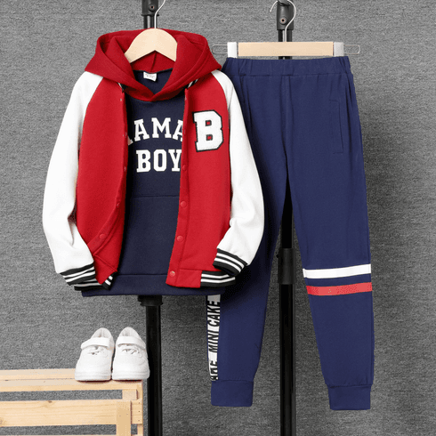 Kid Boy Letter Print Fleece Lined Hoodie Sweatshirt/ ColorblockPants / Bomber Jacket