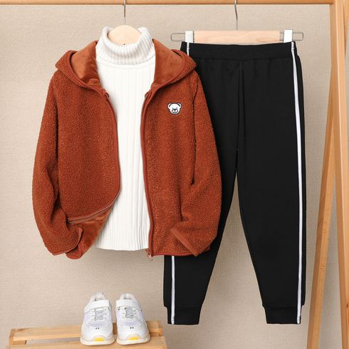Kid Girl Solid Color Ribbed Turtleneck Sweater/ Polar Fleece Hooded Coat/ Striped Thin Pants