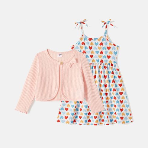 Eco-friendly Toddler/Kid Girl Bowknot Design Slip Dress/ Girl Solid Color Waffle Cardigan