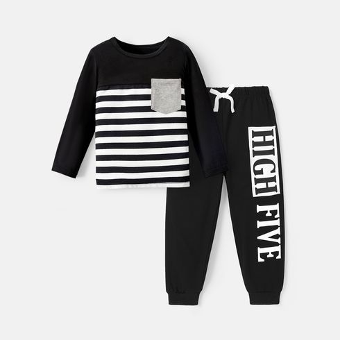 Toddler/Kid Boy Stripe Pocket Design Cotton Tee/ Letter Print Elasticized Pants