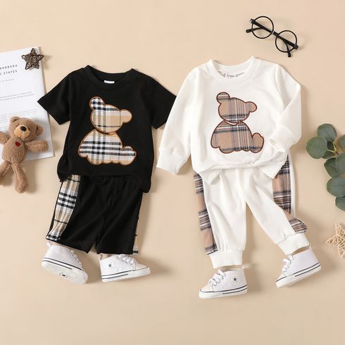 2pcs Baby Boy/Girl Plaid Bear Graphic Short-sleeve or Long-sleeve Sets