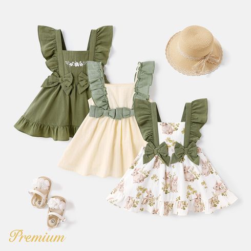 <Romance of the Forest> Baby Girl 100% Cotton Ruffle Trim Bow Front Sleeveless Dress