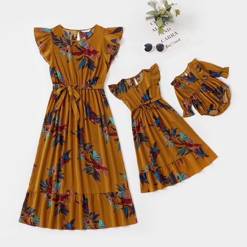 Plant Print Ruffle Shoulder Matching Maxi Dresses