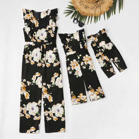 Floral Print Flutter-sleeve Matching Black Jumpsuits