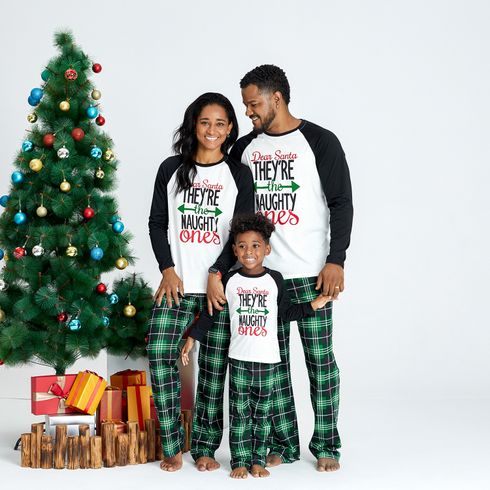 Christmas Letter Contrast Top and Plaid Pants Family Matching Pajamas Sets (Flame Resistant)