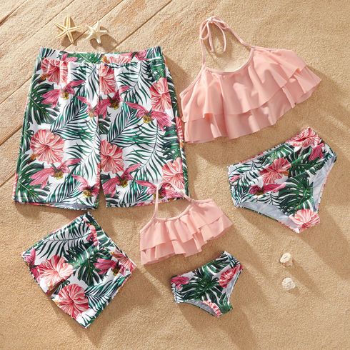 Family Look Solid Ruffle Top and Floral Print Shorts Matching Swimsuits