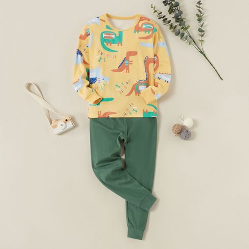 2-piece Kid Boy 100% Cotton Animal Dinosaur Letter Print Long-sleeve Tee and Solid Color Pants Set