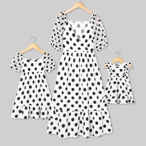 Mesh Sleeve Polka Dot Matching Midi Dresses