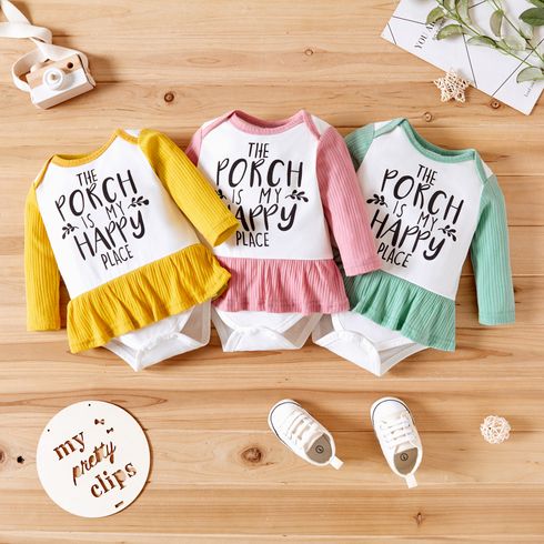 Baby Girl Letter Print Splicing Ribbed Long-sleeve Ruffle Romper
