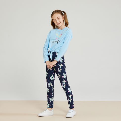 2-piece Kid Girl Butterfly Letter Print Tie Knot Long-sleeve Tee and Leggings Set Blue big image 8
