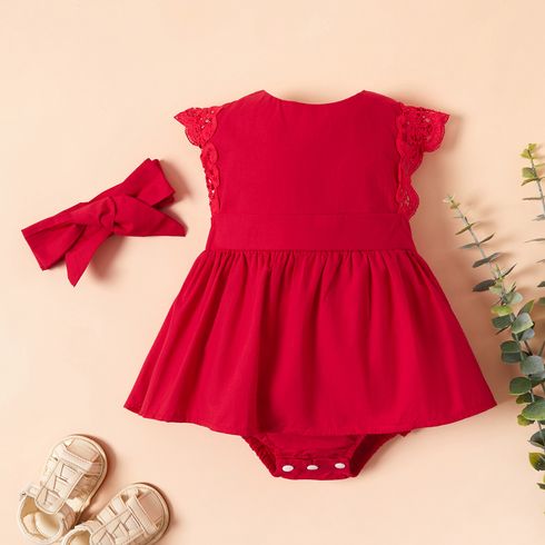 100% Cotton Lace decor Flutter-sleeve Red Baby Set