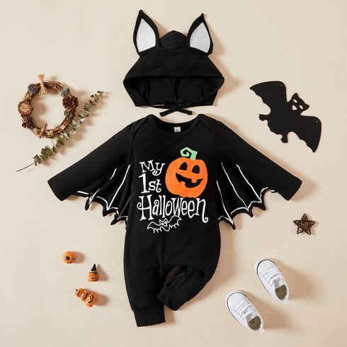 2pcs Letter Pumpkin Print Halloween Bat Design Long-sleeve Black Baby Set