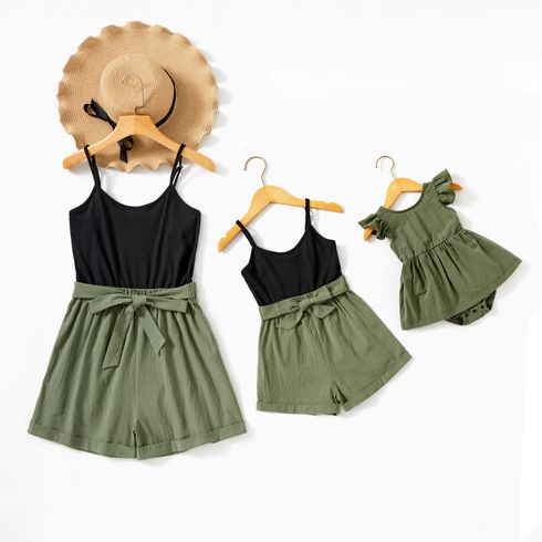 Black and Green Solid Splice Print Sling Rompers(Ruffle Tank Romper for Baby Girl)