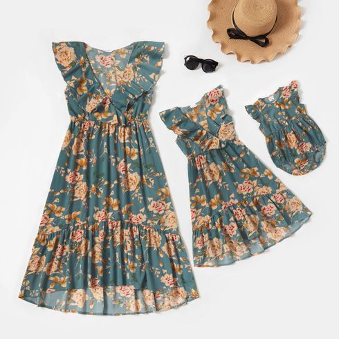 Floral Print Matching Vintage Midi Dresses