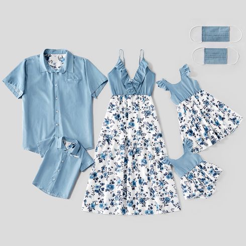Mosaic 100% Cotton Floral Print Family Matching Blue Sets