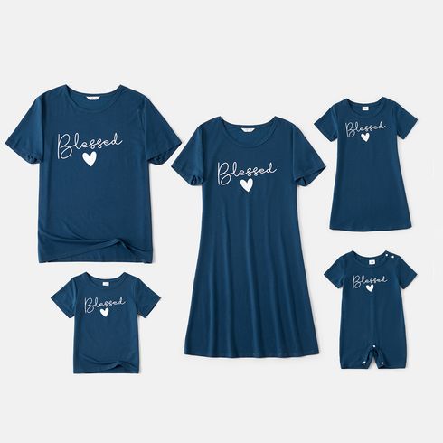 Blessed Letter Print Family Matching Sets(Short Sleeve T-shirts Dresses for Mom and Girl)