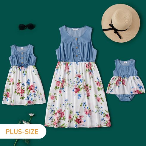 Denim Stitching Floral Print Matching Tank Midi Dresses