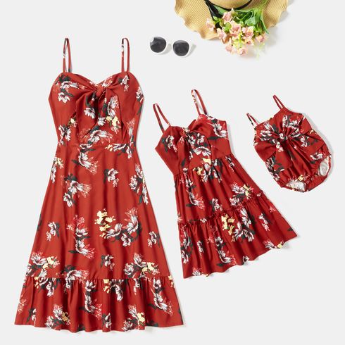Floral Print Sleeveless Matching Red Midi Sling Dresses