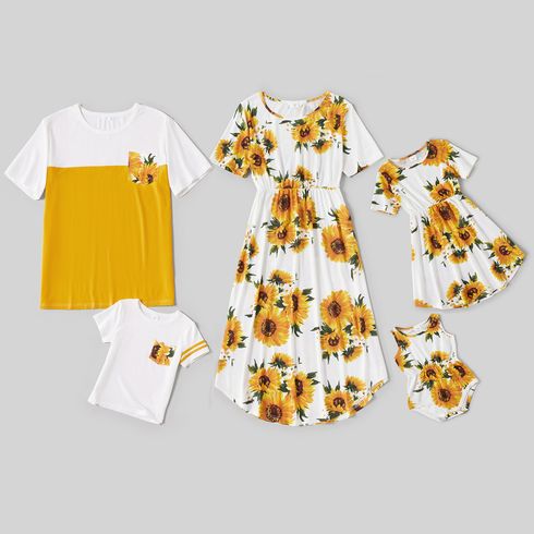 Sunflower Print Family Matching White and Color Block Sets(Irregular Hem Midi Dresses for Mom and Girl ; Loose Short Sleeve T-shirts for Dad and Boy)