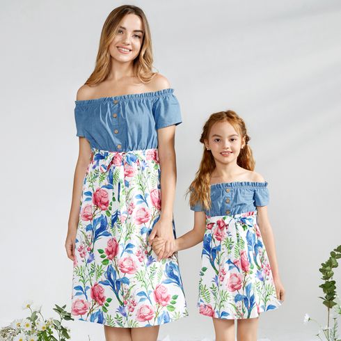 Mommy and Me Solid Stitching Floral Print Off-shoulder Dresses