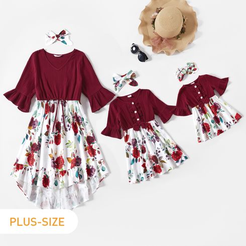 100% Cotton Floral Print Splicing Crepe Ruffle Sleeve Dresses