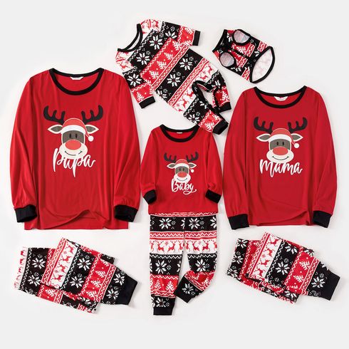 Family Matching Christmas Deer and Snowflake Print Red Long-sleeve Pajamas Sets (Flame Resistant)