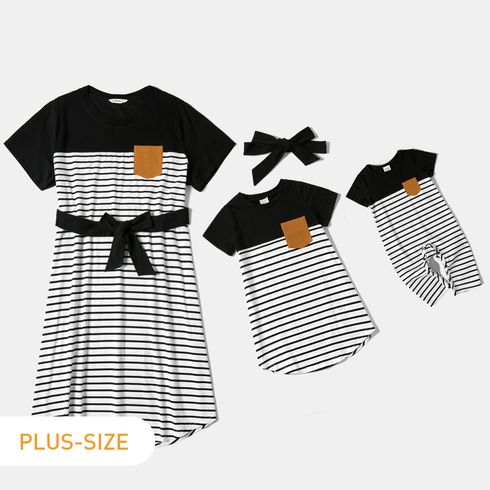 Stripe Print Splice Cotton Short-sleeve Matching Black and White Midi Plus Size Dresses