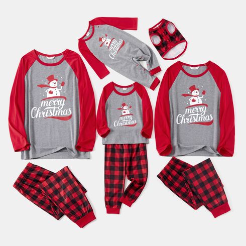 Christmas Snowman and Plaid Print Raglan Long-sleeve Family Matching Pajamas Set (Flame Resistant)