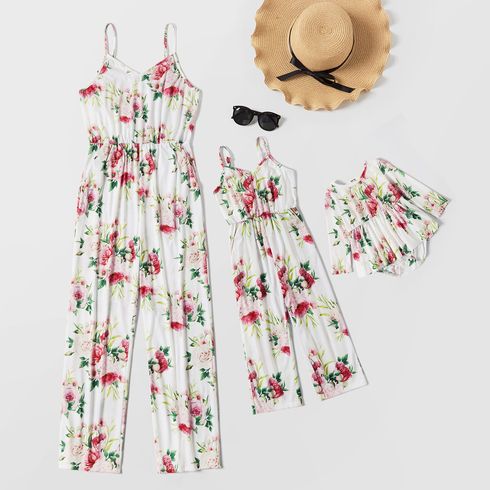 Floral Print V Neck Sleeveless Spaghetti Strap Cami Jumpsuit for Mom and Me