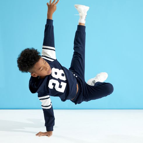 2-piece Kid Boy Number Print Hoodie and Elasticized Pants with Pocket Sporty Set Dark Blue big image 8