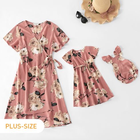 Floral Print Short-sleeve Matching Pink Midi Dresses