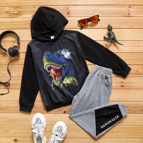 2-piece Kid Boy Animal Dinosaur Print Hoodie and Letter Print Elasticized Pants with Pocket Set