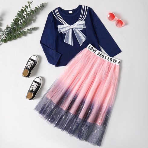 2-piece Kid Girl Striped Bowknot Embroidery Sailor Collar Pattern Long-sleeve Top and Letter Print Star Glitter Tulle Skirt Set