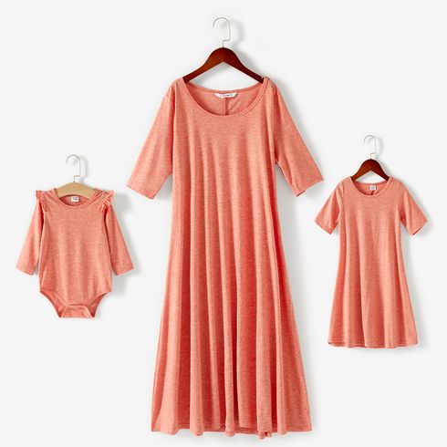 Basic Solid Matching Pink Midi Dresses