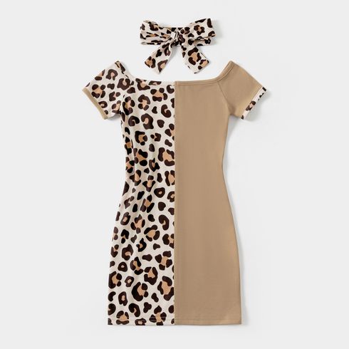 Leopard Splice Short-sleeve Matching Khaki Midi Dresses Khaki big image 3