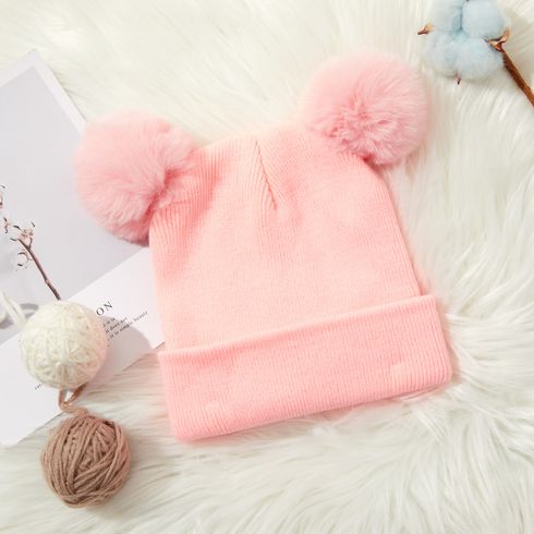 Baby / Toddler Solid Pompon Knitted Beanie Hat Pink big image 3