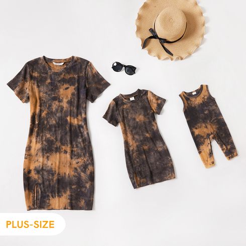 Ribbed Coffee Tie Dye Cotton Short-sleeve Bodycon Mini Dress for Mom and Me