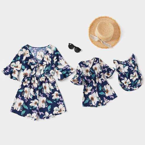 Royal Blue Floral Print Cotton 1/2 Sleeve Shorts Romper for Mommy and Me
