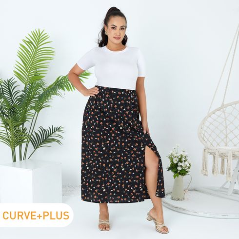 Women Plus Size Elegant Floral Print Side Slit Maxi Skirt