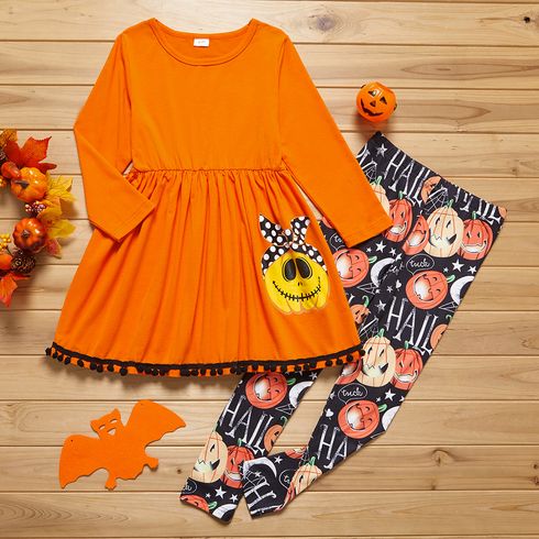 2-piece Kid Girl Halloween Pumpkin Print Pompom Hem Long-sleeve Top and Letter Print Leggings Set