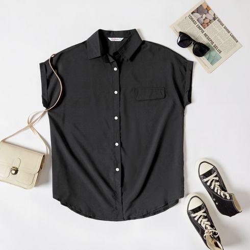Women Plus Size Basics Lapel Collar Button Design Tie Front Short-sleeve Black Shirt Blouse