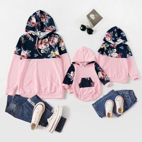 Floral Print and Pink Splicing Long-sleeve Hoodie Sweatshirt for Mom and Me